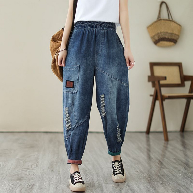 여성 청바지 여름 빅사이즈 와이드팬츠 밴딩 자수 찢어진9부 배기 데님팬츠