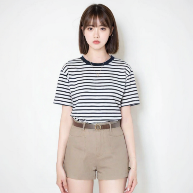 YEON HOME 여성 라운드 스트라이프 줄무늬 티셔츠 반팔