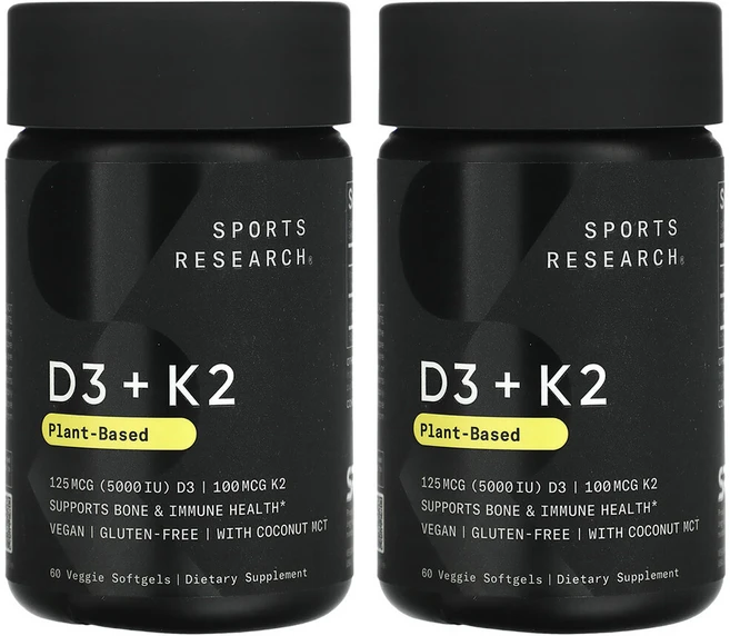 스포츠리서치 2개X D3 + K2 식물성 베지 소프트젤 60정, 2개 - 쿠팡
