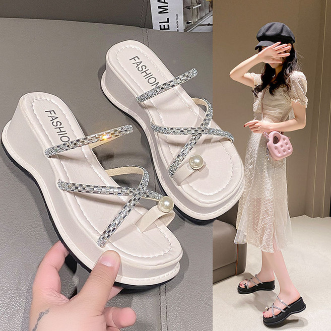 카카보보 큐빅 진주 웨지 슬리퍼 여름샌들 굽6cm 키높이 통굽 쪼리 슬리퍼