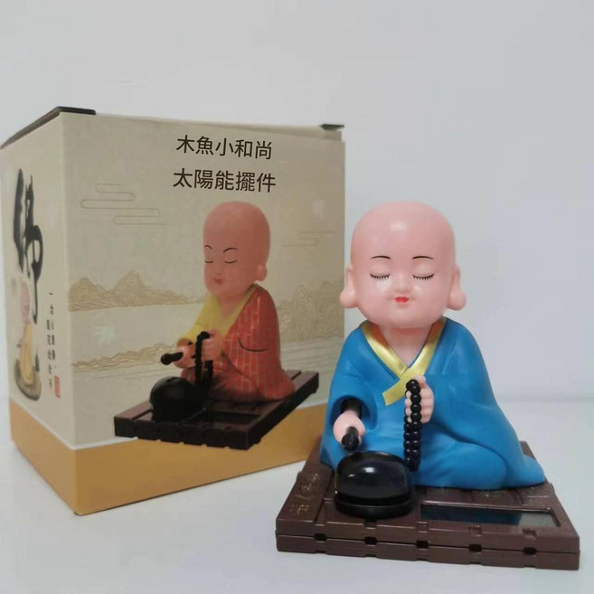 太陽能搖頭財神汽車擺件, DY太陽能 木魚和尚藍色, 1個
