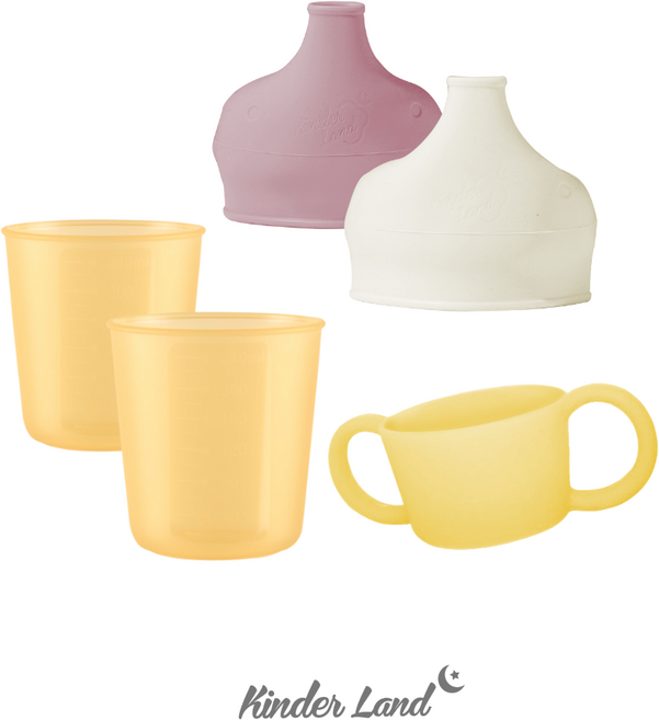 [킨더랜드] 유아/키즈컵 컵2개+뚜껑2개+손잡이1개+일회용빨대증정, 밀크+핑크, 1세트, 300ml