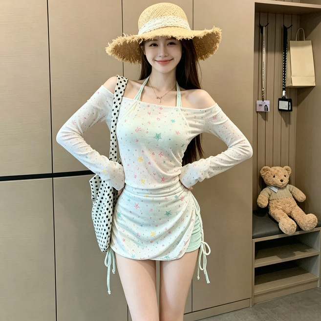 여성 비키니 수영복 3피스 별패턴 커버업 홀터넥 체형커버 비치웨어 휴양지 바캉스 수영복, 그린