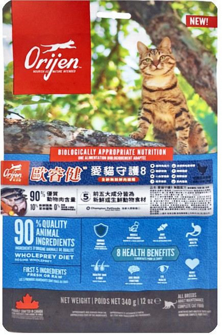 Orijen 歐睿健 台灣公司貨 全齡貓 愛貓守護8 無穀配方 乾飼料, 雞 + 火雞 + 魚類, 340g, 1包