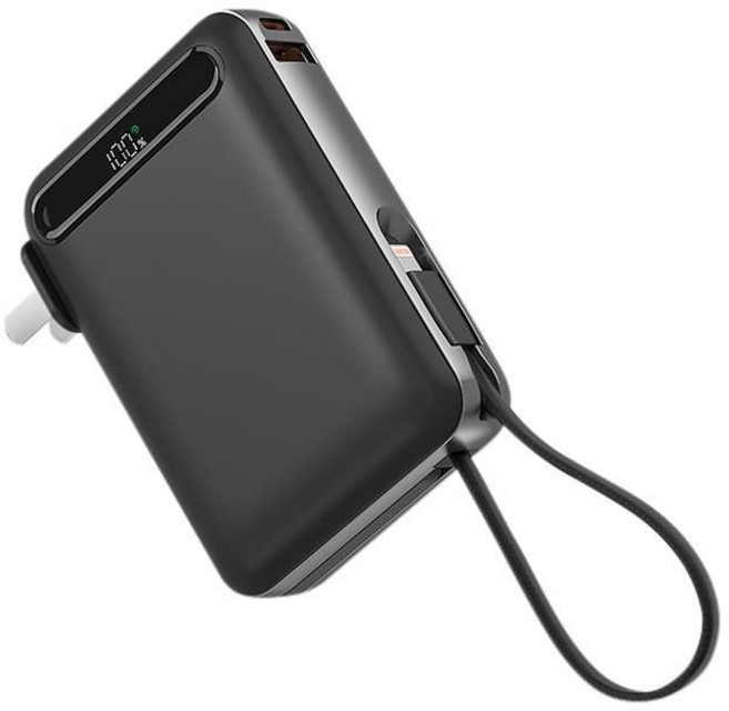 HANG AC2 行動電源 10000mAh 22.5W快充 TYPE-C 自帶線 LED數顯 BSMI認證, 黑色