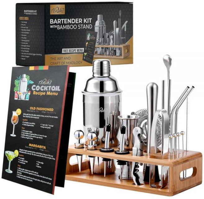 TEAVAS Mixology 일본 지거 및 대나무 스탠드가 있는 바텐더 키트 - 25피스 스테인리스 스틸 칵테일 만들기 세트 쉐이커 스트레이너 믹서 스푼 머들러 바웨, TEAVAS Mixooy 일본 지거 및 대나무 스탠드가