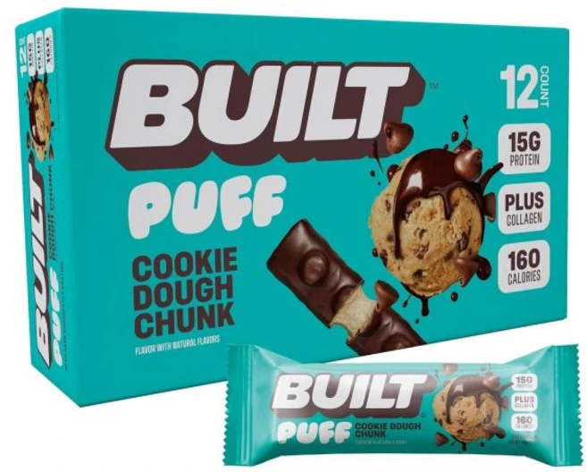 Built Bar 파티 믹스 버라이어티 팩 빌트 바 퍼프 프로틴 딸기와 크림 15g 단백질 간식 이동용 140칼로리만 8g 설탕 콜라겐 함유 글루텐 프리 12개입, Cookie Dough Chunk Puff, 12개 (1팩), 1개 - 쿠팡