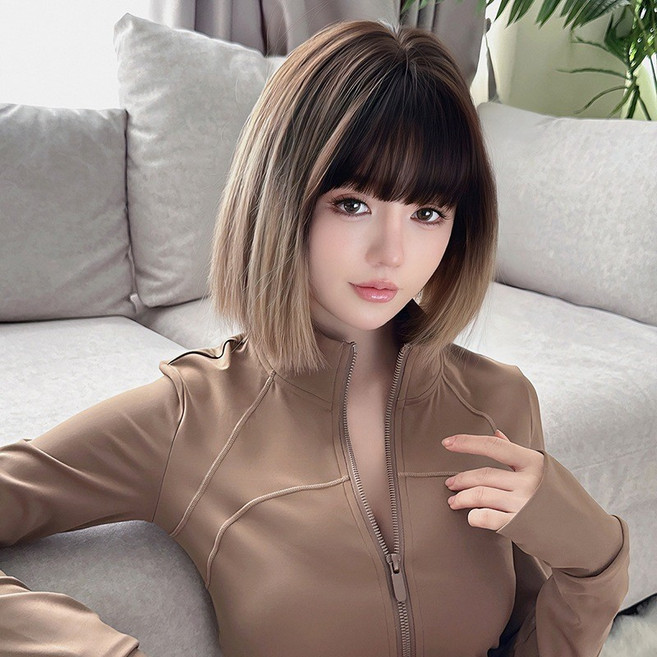 女空氣瀏海短髮假髮 漸變淺茶色, 1個, 加購護理五件組