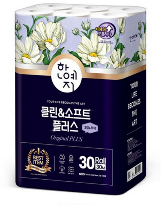 한예지 클린앤소프트 플러스 천연펄프 3겹데코 화장지, 30m, 30롤, 1개