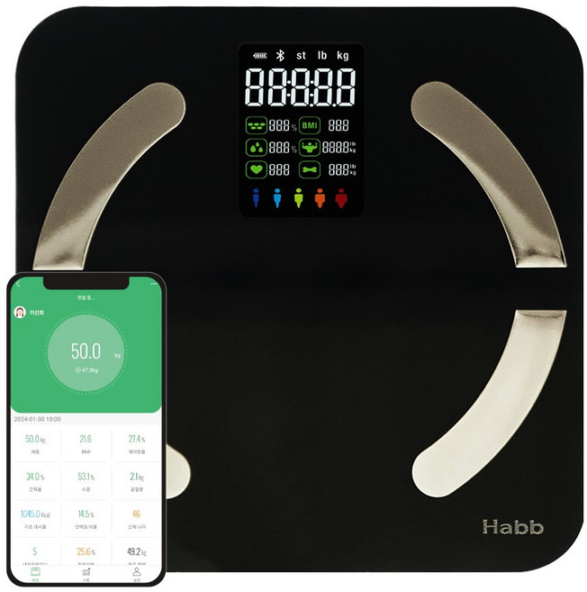 하비비 프리미엄 스마트 블루투스 체지방 인바디 디지털 체중계, black, 1개, CTR-BFS565