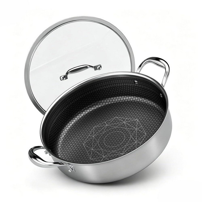 COOKER KING 뚜껑이 있는 3.6쿼트 하이브리드 스테인리스 스틸 소테 팬 25.4cm 10인치 3중 클래드 딥 프라이팬 계란 케이크 해산물 인덕션 호환 오븐 식기세척기, 5QT