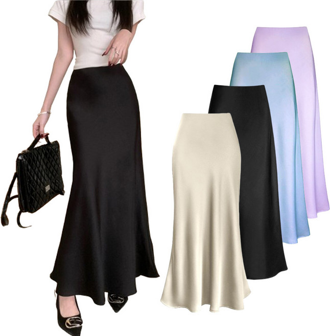 이너퀸 프리수 여성용 실키 새틴 샤틴 공단 실크 머메이드 롱 치마 밴딩 광택 스커트 새틴머메이드스커트