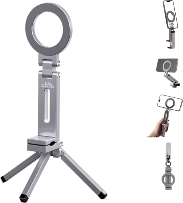 라이프굳즈 맥세이프 거치대 스마트폰 삼각대 360도 휴대용 여행용, 실버