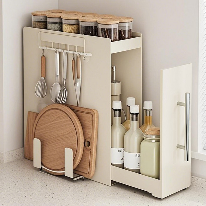 SeekFun 슬라이딩 주방 양념통 정리함 조미료 선반 대용량 수납 다용도 틈새 소스 트레이 철제 녹방지 오일병 조리도구걸이 도마꽂이 위생적인, 화이트, 1개