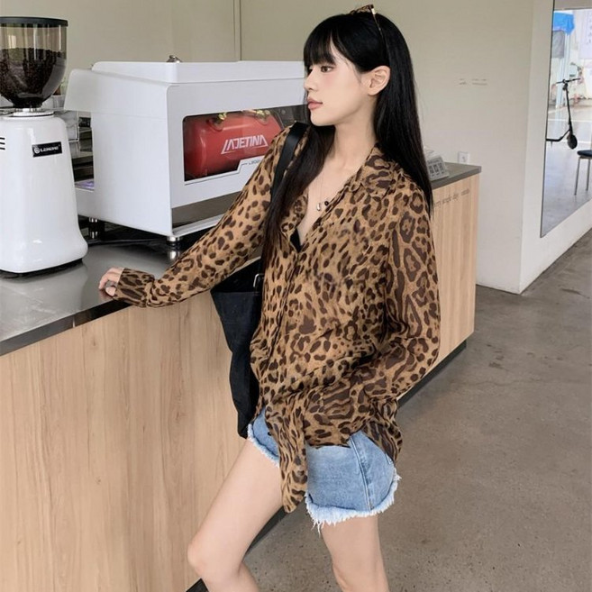 COSYEVNO 여성 긴팔 쉬폰 셔츠 레오파드 루즈핏 패션 여름 블라우스 아우터