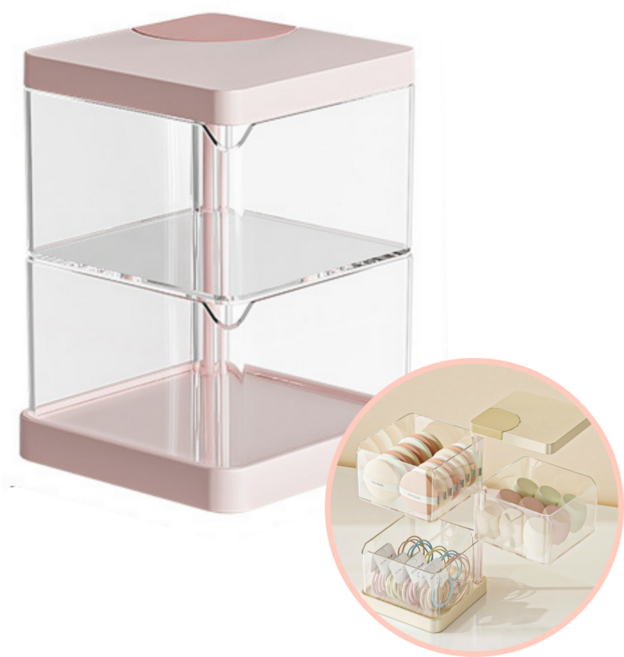 투명 다용도 회전 머리끈 머리핀 악세사리 정리함 퍼프 수납, 핑크, 2단