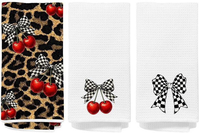 BitKan Black and White Checke레드 Bow Cherry Kitchen Towels Set of 3 - Trendy Leopard Cheetah Print, BitKan Black and White Checke레