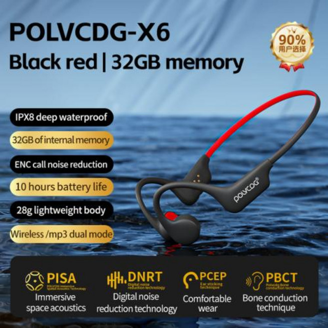 수영이어폰 헤드셋 POLVCDG 골전도 블루투스 32GB IPX8 수영 달리기 및 사이클링, 1) Black Red, 없음