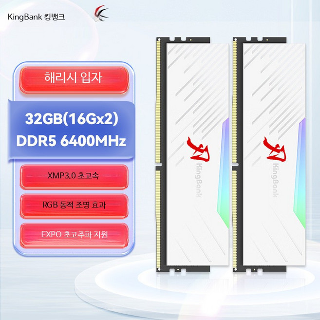 데스크탑 메모리 DDR5 RGB 게이밍 오버클러킹용 방열판 고속 동작 e스포츠 최적화 64GB 128GB, 1개, 화이트 블레이드 16G 6400MHz