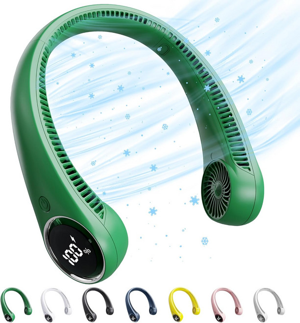 LED 디스플레이가 장착된 SAMISKO 휴대용 블레이드리스 넥 선풍기 5000mAh 배터리 작동 웨어러블 개인용 리스 USB 충전식 헤드폰 디자인 3단 속도의 파워 데스크, Dark Green