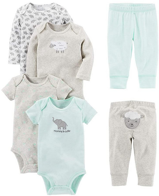 Simple Joys by Carter's 유니 베이비 6피스 바디수트 (짧은 소매 및 긴팔) 및 바지 세트 그레이/민트 그린/코끼리/양