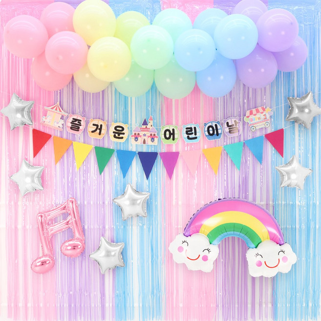 파티짱 어린이날 가랜드 풍선 세트 축하 파티 이벤트 포토존 장식 소품, 1개, 클라우드 커튼 세트(테마파크/무지개구름)