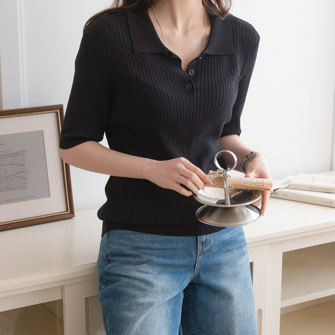데일리앤 드먼 여성 골지 꽈배기 카라 5부 반팔 니트 티셔츠 봄 여름 가을