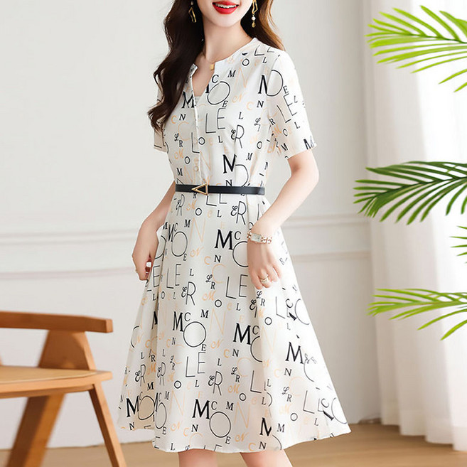 ORZQU 여름 쉬폰원피스 슬림핏 트렌디 여성 벨트 튜닉 A라인 스커트 미디 원피스