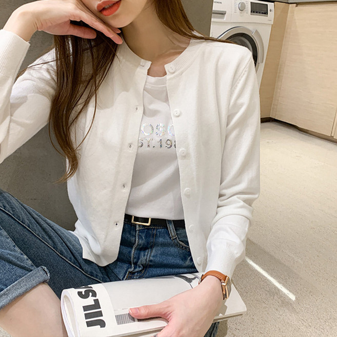 플랜와이 여성용 라운드넥 베이직 니트 가디건