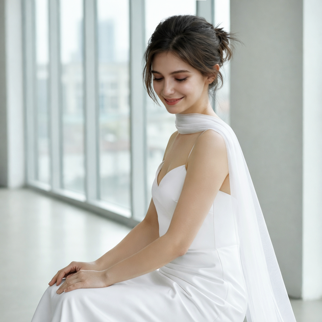 엘블랑꼬 셀프웨딩 화이트 쉬폰 머플러 베일 헤어변형 웨딩 스튜디오 드레스 변형 볼레로