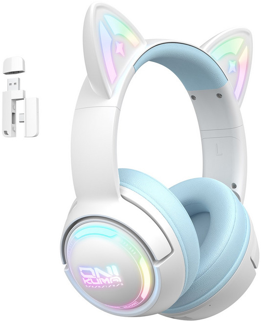 ONIKUMA 고양이귀 무선 게이밍 헤드셋 3모드 연결 RGB 가상 7.1 노이즈캔슬링 마이크 GT838, 블루