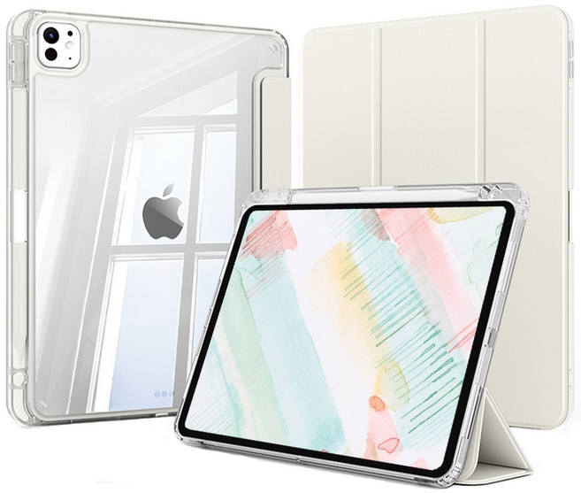 태블리 퓨어클리어 에어가드 펜슬수납 아이패드 케이스, 크림화이트, 1개