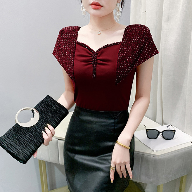 댄스복 상의 여성용 반팔 오프숄더 티 펀칭 핫픽스 티셔츠+ Women's T-shirt