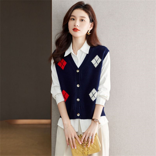 TKX 여성 베스트 봄 가을 레트로 아가일 니트 베스트 브이넥 버튼 장식 캐주얼 베스트탑 KY97