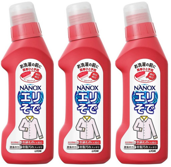 라이온 슈퍼 나녹스 셔츠 목때 소매때 얼룩 제거 방지 수입 세제, 3개