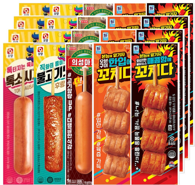 [푸드아울렛] 의성마늘프랑크 4+불고기맛후랑크4+톡소시지4+한입에꼬치다4+매콤함에꼬치다4/편의점 핫바 후랑크 소세지, 70g, 20개