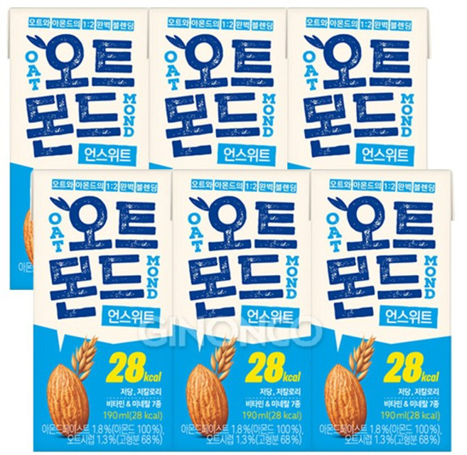 롯데칠성 오트몬드 저당 언스위트, 6개, 190ml