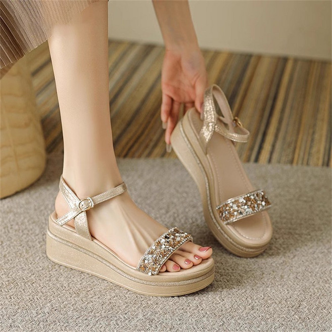 여성 스트랩 샌들 6cm 키높이 웨지힐 통굽 발편한 쿠션 가보시 AI42