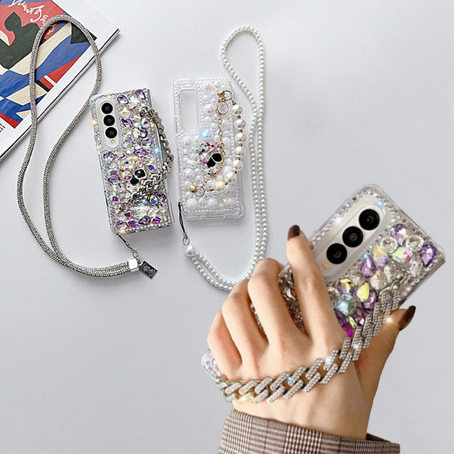 갤럭시 Z폴드 5 4 3 해골 보석 진주 스트랩 줄 케이스
