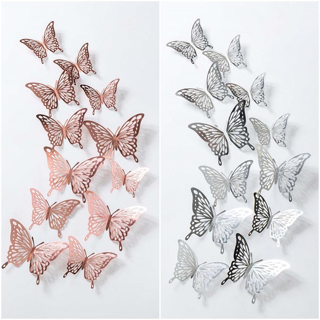 미즈코스 1+1 메탈 입체 나비 포인트 스티커 3d 벽지 데코 아이방 벽장식, 실버+로즈골드