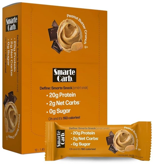 NuGo Smarte Carb 단백질 20g 설탕 0g 순탄수화물 2g 160칼로리 브라운 무설탕 땅콩 버터 크런치 12개입, 1개, 52g - 쿠팡