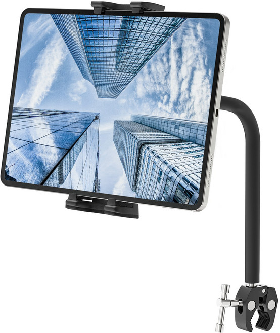 금속 스마트폰 태블릿 거치대 4.7~12.9인치 만능 호환 360도 회전 자유 각도조절 멀티 클램프형 헬스기구 악기 스탠드 자동차 데스크 견고한, 1개, 블랙, CJB-013-BK