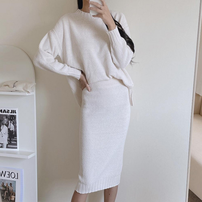 제이에프앤씨 여성용 반목 니트 트임 치마 투피스 셋업 SET