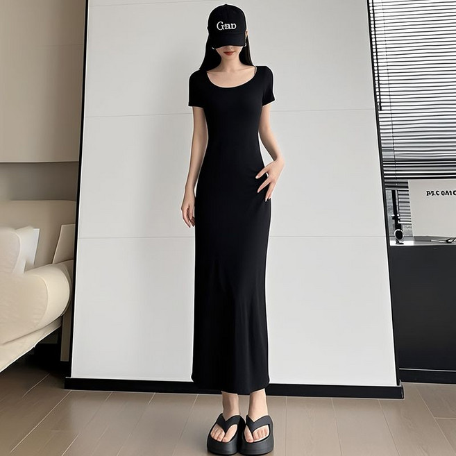 性感低領彈力修身顯瘦長款包臀高腰過膝長裙, 1個, 黑色M 建議85-110斤