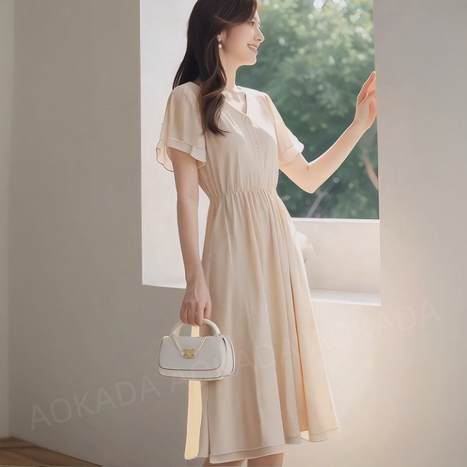 AOKADA 여성 여름 루즈핏 브이넥 쉬폰 플리츠 A라인 플레어 오피스룩 하객룩 데일리 반팔 미디 원피스