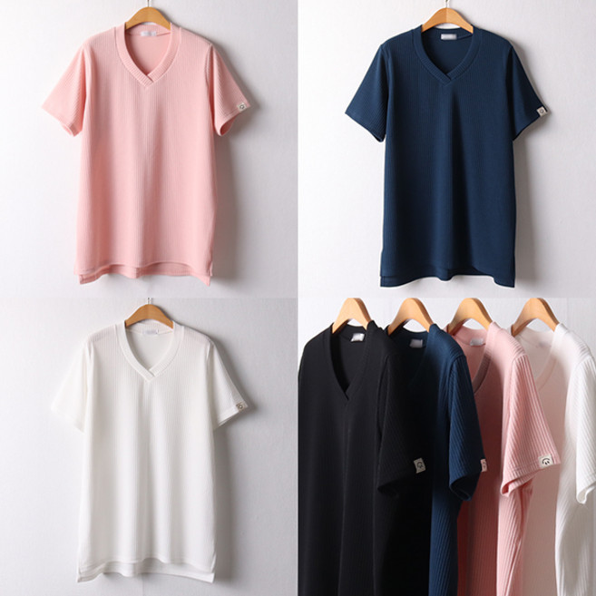 빅사이즈여성의류 골지 브이 라벨 반팔티 폴리 레이온 겹V넥 데일리 일자 티셔츠