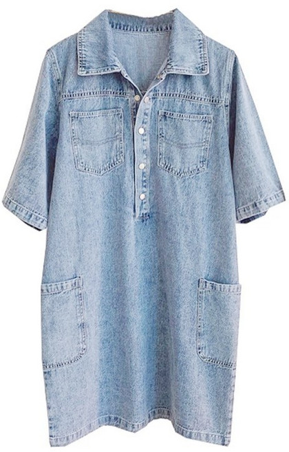 韓系牛仔顯瘦A字連衣裙, 淺藍