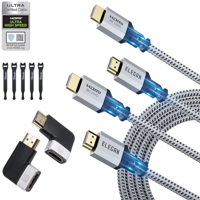 Elecan 8K HDMI 2.1 케이블인증 2피트2팩 8K@60Hz 4K@120Hz 2K 1080P용 48Gbps 땋은 코드 다이내믹 HDR PS5 PS4용 eARC HDCP, 2FT-2PK