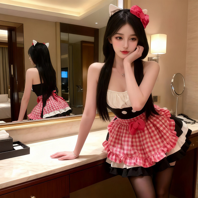 오드아이 고양이 메이드 코스튬 체크에이프런 데이트용 유니폼 세트