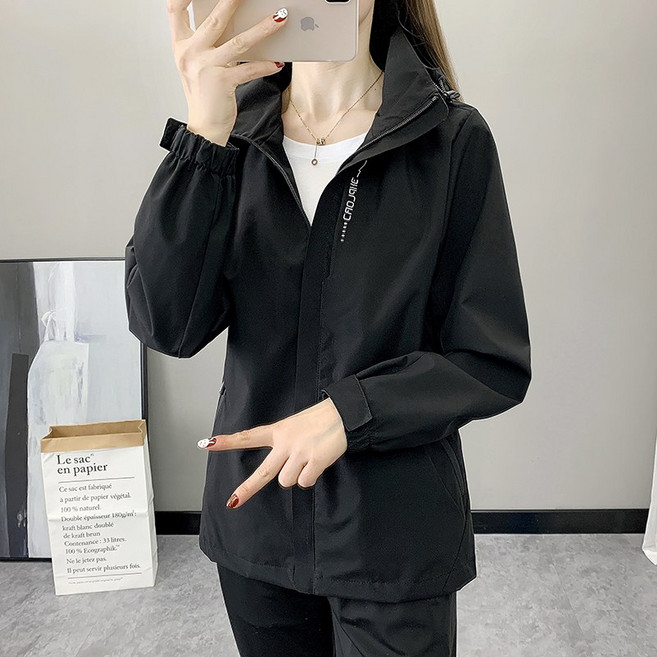春秋季戶外防風防潑水情侶沖鋒衣登山休閒夾克外套, 女款黑色